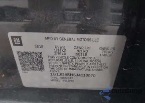 2018 Chevrolet Sonic Lt Auto из США, поврежденный, VIN 1G1JD5SH5J4110070